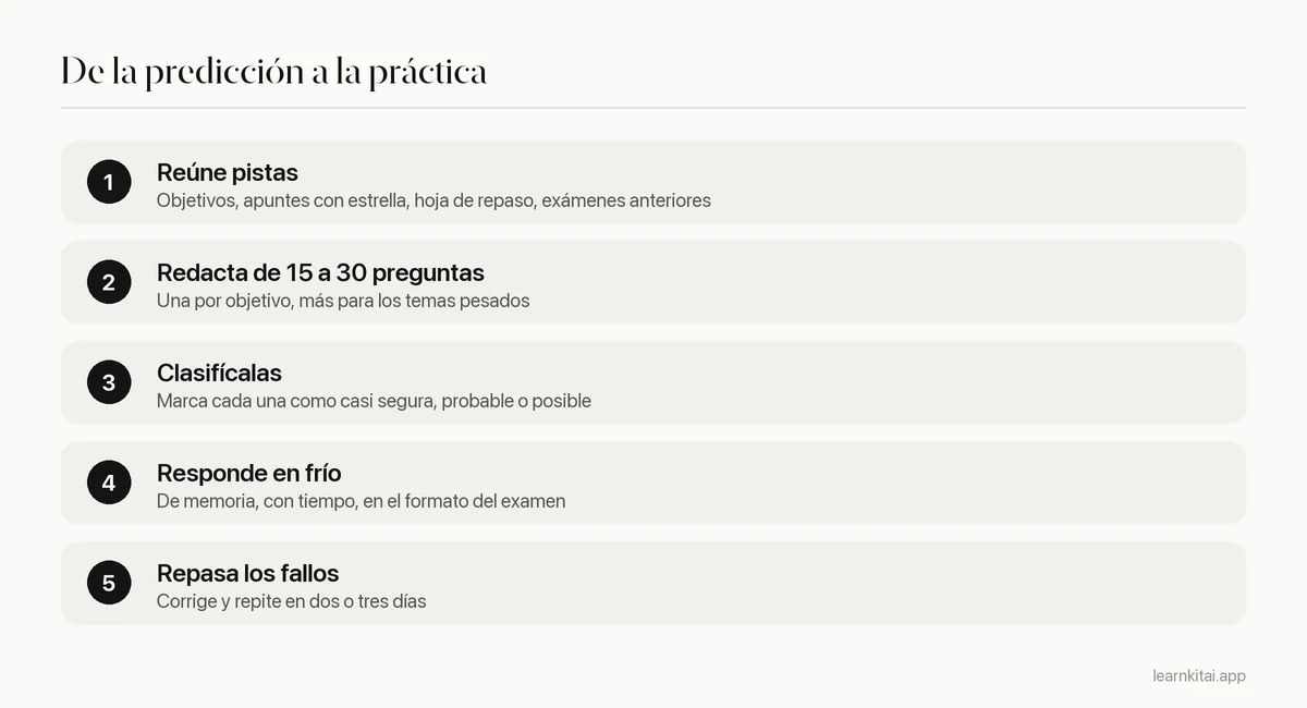 Cinco pasos desde adivinar preguntas hasta practicarlas: reunir pistas, redactar preguntas, clasificarlas, responder en frío y repasar los fallos
