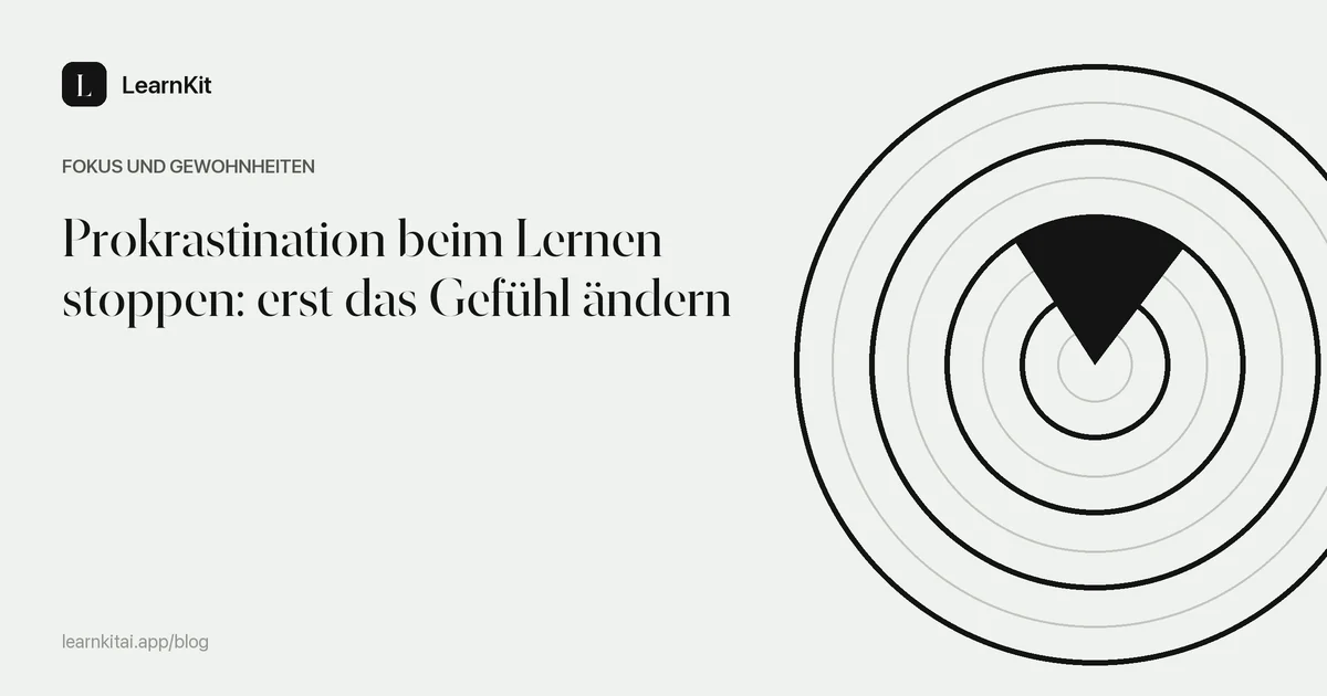 Der Titel Prokrastination beim Lernen stoppen: erst das Gefühl ändern vor einem ruhigen, einfarbigen Muster
