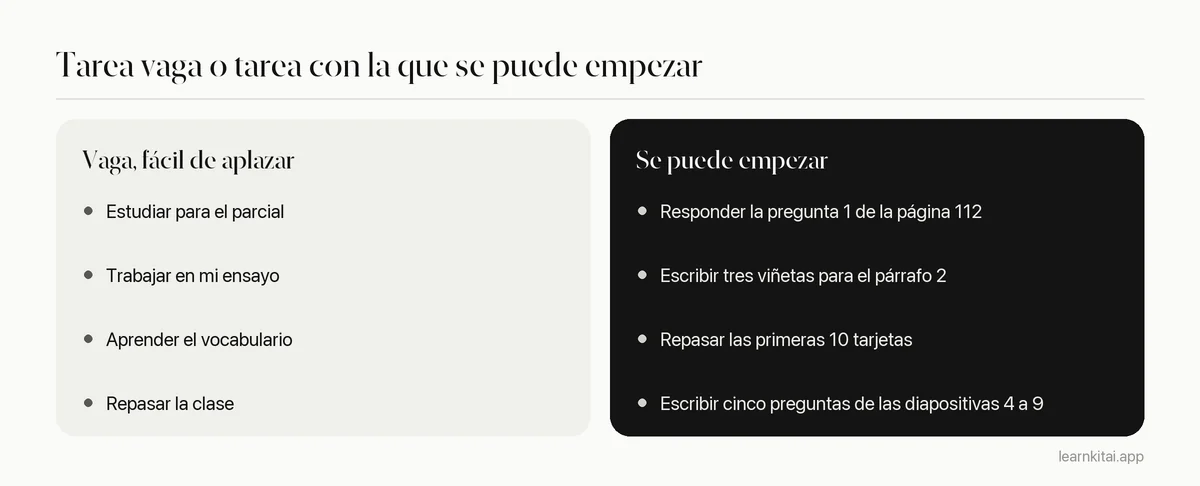 Comparación de tareas de estudio vagas que invitan a procrastinar y versiones de esas mismas tareas con las que se puede empezar