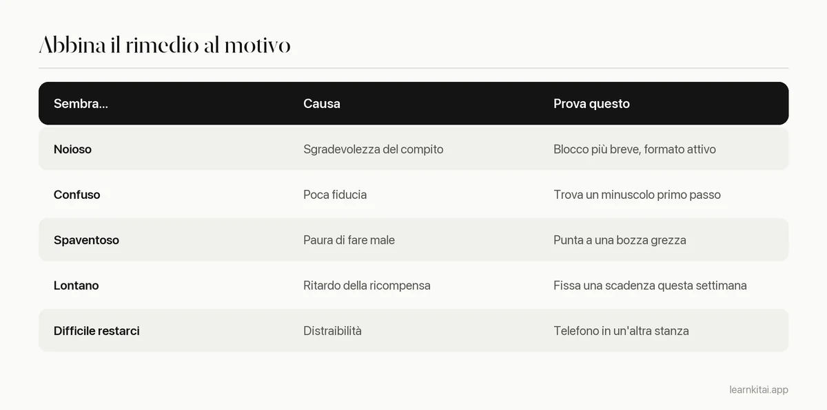 Tabella che abbina i motivi per procrastinare i compiti di studio a un rimedio corrispondente