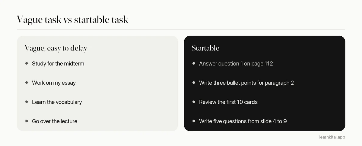 Comparison of vague study tasks that invite procrastination and startable versions of the same tasks