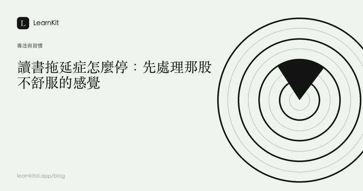 標題為「讀書拖延症怎麼停：先處理那股不舒服的感覺」，背景為沉靜的單色圖紋