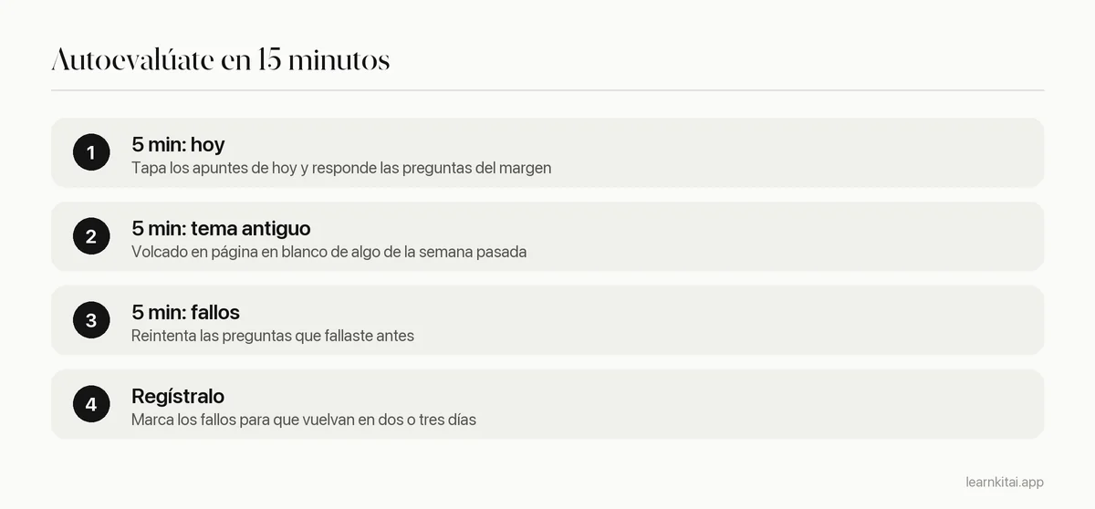 Rutina diaria en tres partes: cinco minutos con los apuntes de hoy, cinco minutos con un tema de la semana pasada, cinco minutos con las preguntas falladas