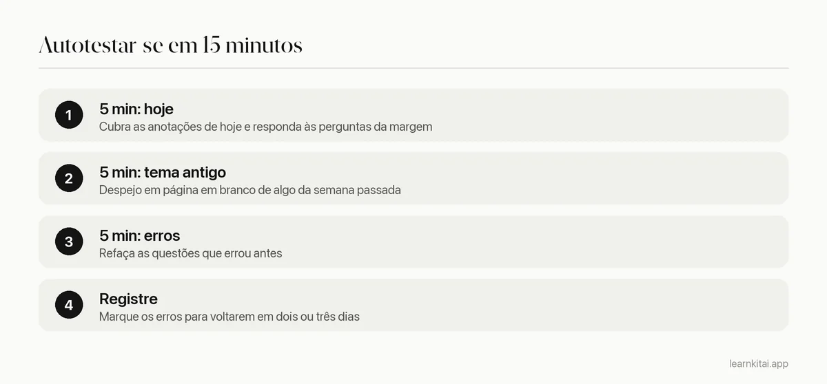 Rotina diária em três partes: cinco minutos nas anotações de hoje, cinco minutos num tema da semana passada, cinco minutos nas questões erradas