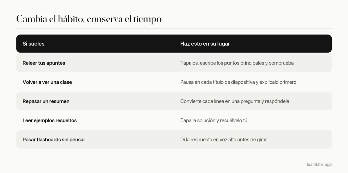 Tabla que convierte cuatro hábitos de repaso en versiones de recuperación: releer apuntes, volver a ver clases, repasar un resumen, repasar problemas resueltos