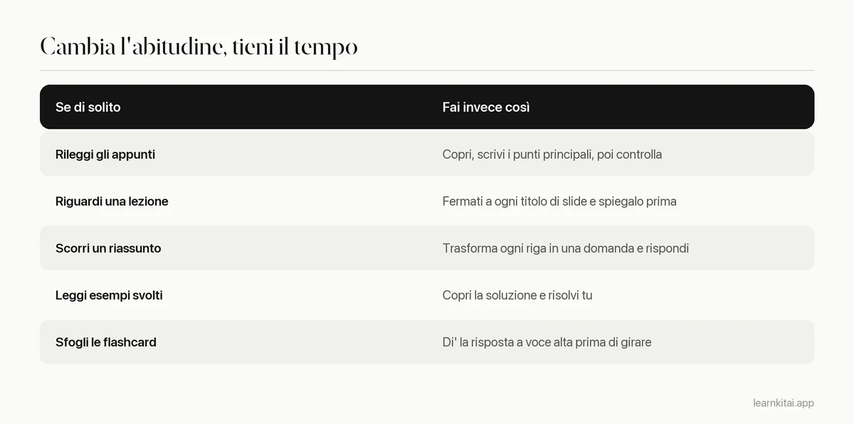 Tabella che converte quattro abitudini di ripasso in versioni di recupero: rileggere gli appunti, riguardare le lezioni, scorrere un riassunto, rivedere problemi svolti