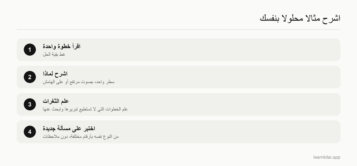 روتين من أربع خطوات: اقرأ خطوة واحدة، واشرح لماذا، وعلّم الثغرات، واختبر على مسألة جديدة