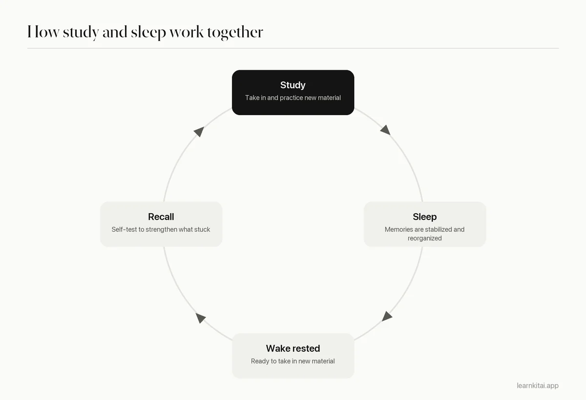 Cycle diagram showing how studying, sleep and next-day recall connect