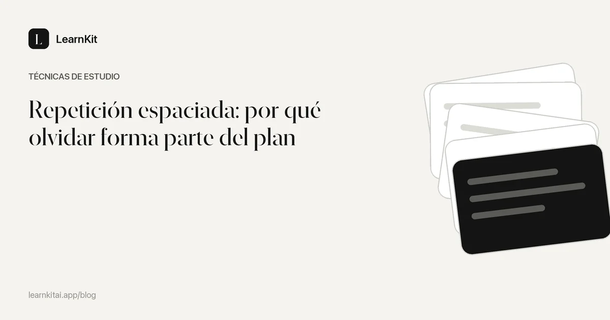 El título «Repetición espaciada: por qué olvidar forma parte del plan» sobre un patrón monocromo y sereno