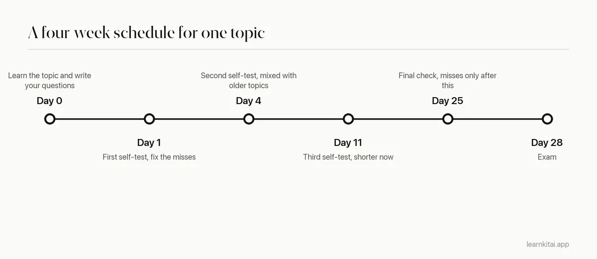 Timeline of a four-week spaced repetition schedule with reviews on day 1, day 4, day 11 and day 25 before the exam