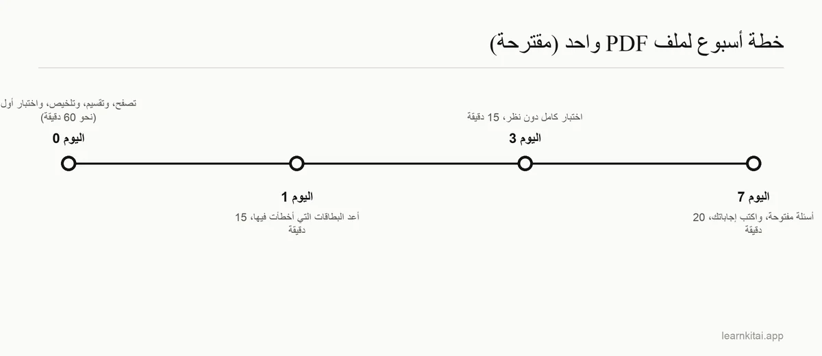 خط زمني لجلسة دراسية واحدة تليها مراجعات قصيرة متباعدة في اليوم الأول والثالث والسابع