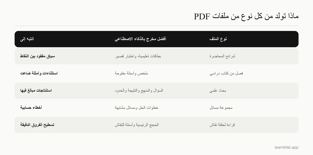 جدول يطابق أنواع مواد PDF الدراسية مع أفضل مخرجات الذكاء الاصطناعي وما ينبغي الانتباه إليه