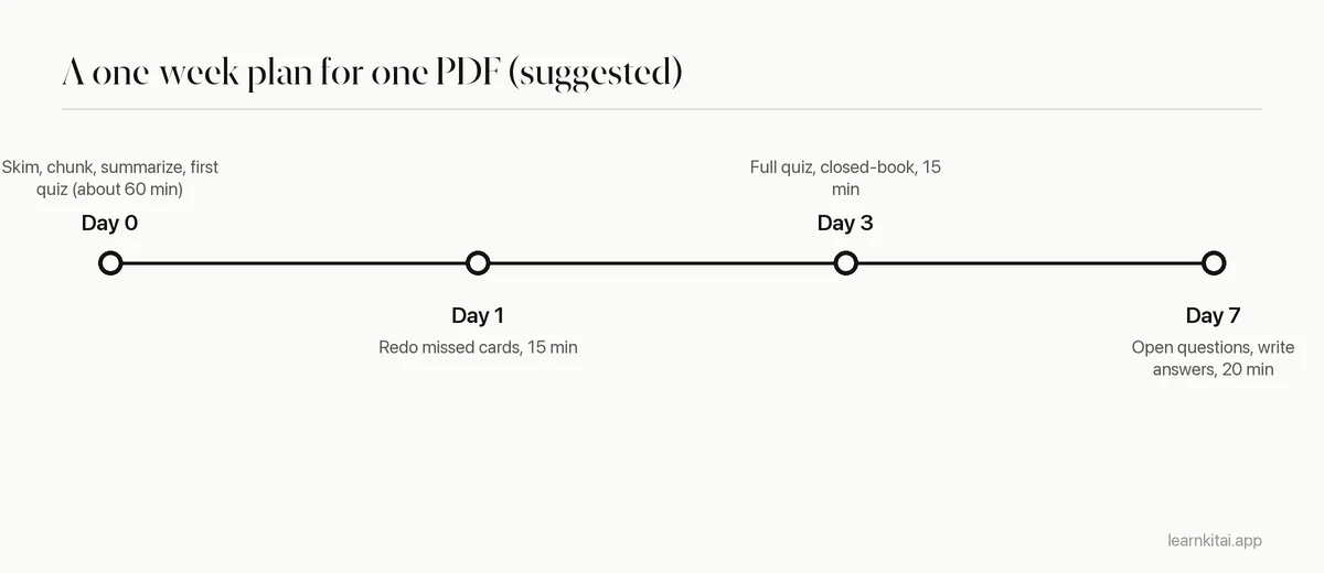 Timeline of one study session followed by short spaced reviews on day 1, day 3 and day 7