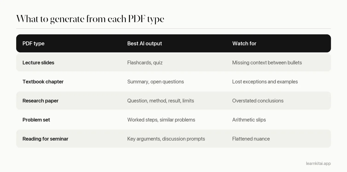 Table matching types of PDF study material to the best AI outputs and what to watch for