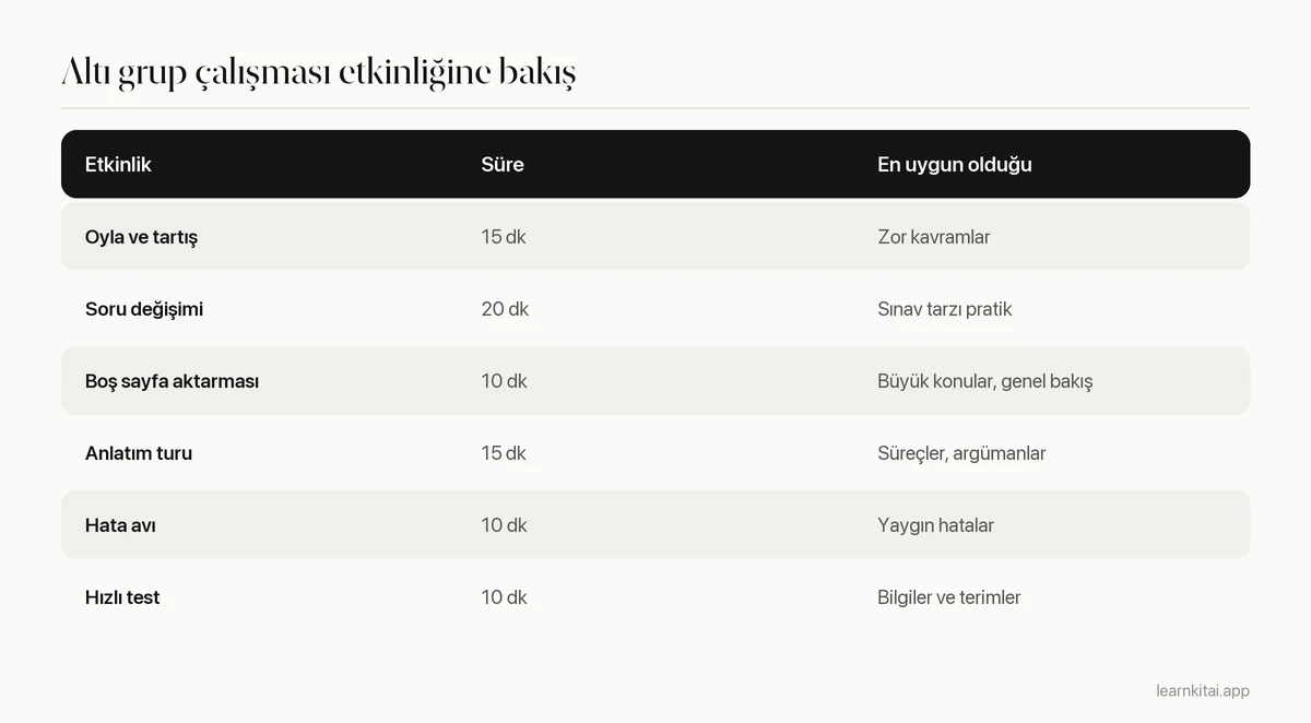 Altı grup çalışması etkinliğini, gereken süre ve en iyi olduğu konularla birlikte gösteren tablo