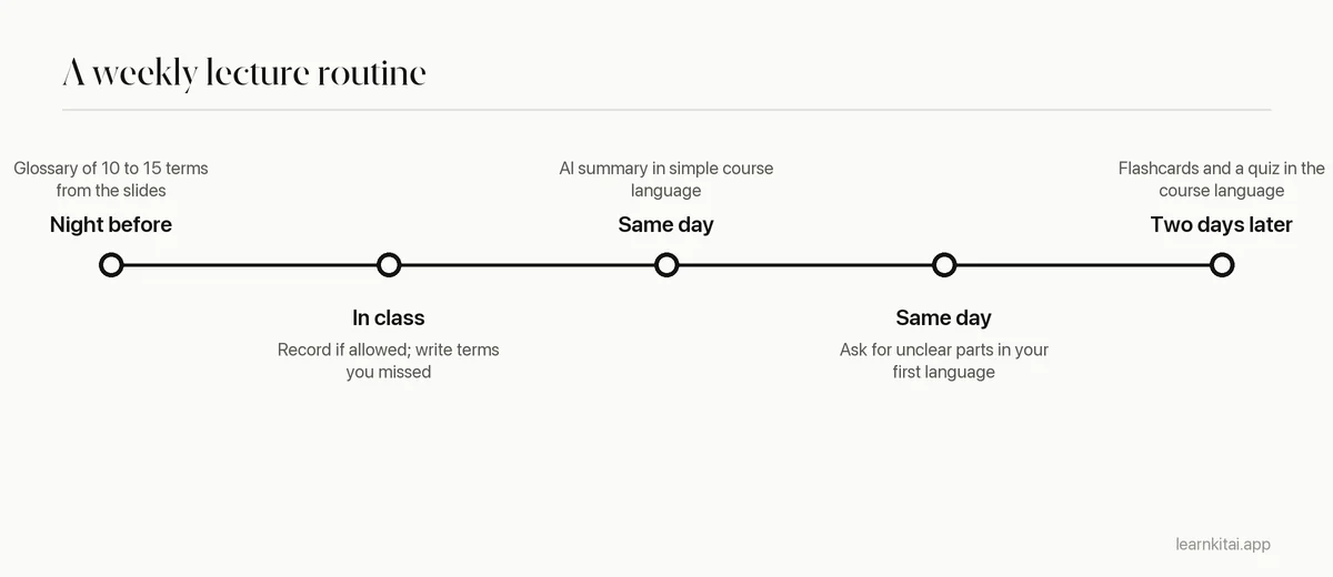 Timeline of a weekly routine for studying lectures in a second language, from glossary before class to a quiz two days later