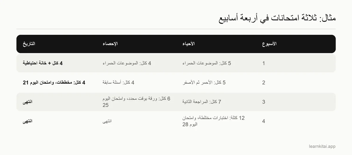 جدول مذاكرة لأربعة أسابيع يتناوب فيه الأحياء والإحصاء والتاريخ قبل ثلاثة امتحانات