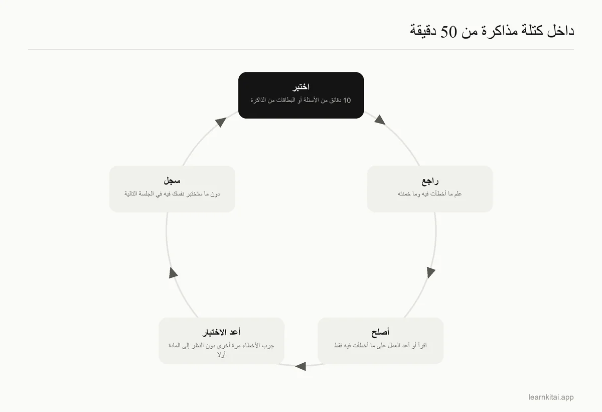 مخطط دائري لكتلة مذاكرة واحدة، من الاختبار إلى إصلاح الفجوات إلى تسجيل الخطوة التالية