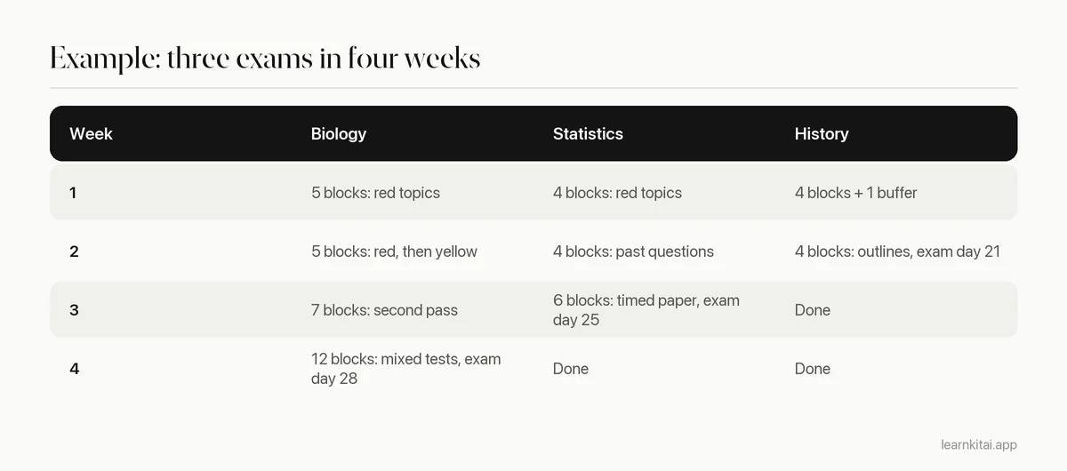 Four-week study schedule table rotating biology, statistics and history before three exams