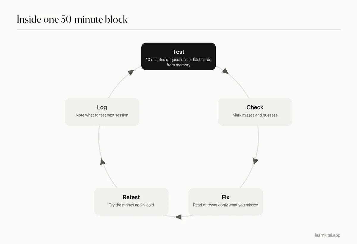 Cycle diagram of a single study block from testing to fixing gaps to logging the next step