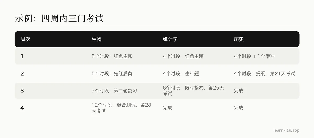 四周复习计划表:在三门考试前轮流安排生物、统计学和历史