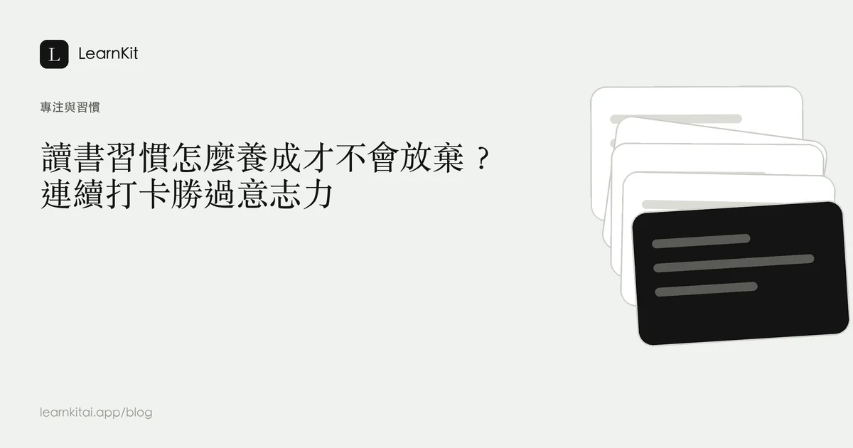 標題「讀書習慣怎麼養成才不會放棄?連續打卡勝過意志力」,背景為沉靜的單色圖紋,圖案是重複的標記