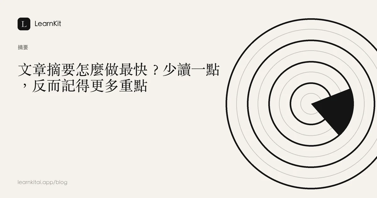 標題「文章摘要怎麼做最快？少讀一點，反而記得更多重點」，背景為沉靜的單色圖紋