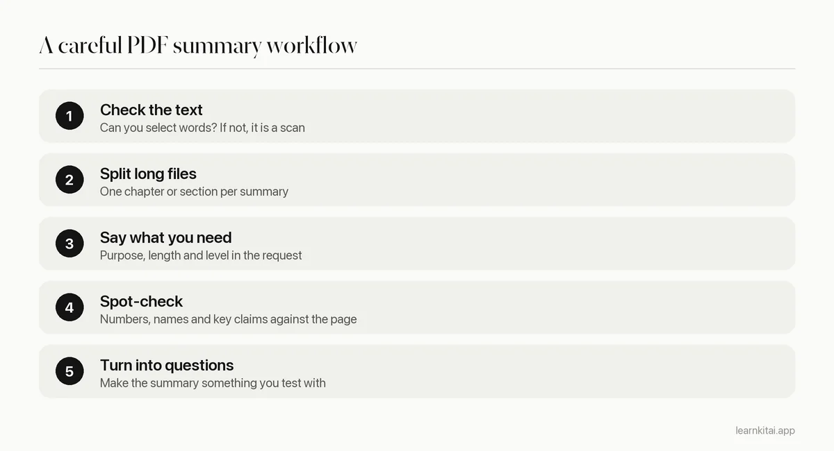 Five steps for summarizing a PDF with AI and checking the result