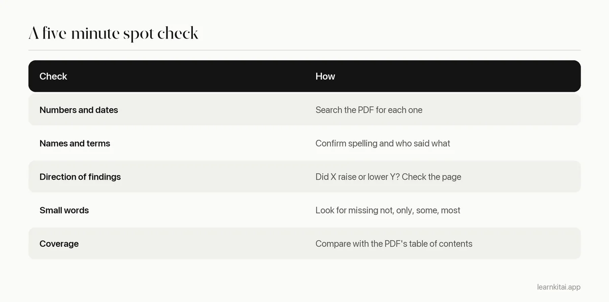 Table listing what to check in an AI PDF summary and how to check each item quickly