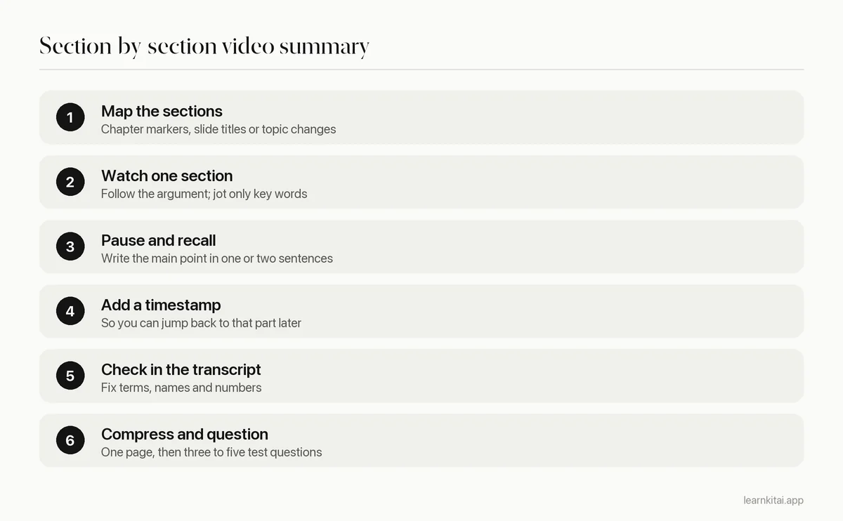 Six steps to summarize a YouTube lecture into one page of timestamped notes