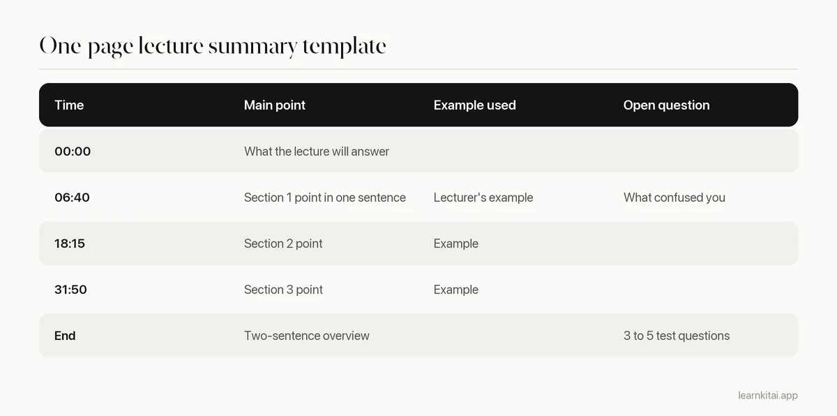 Template table for a timestamped YouTube lecture summary with point, example and question columns