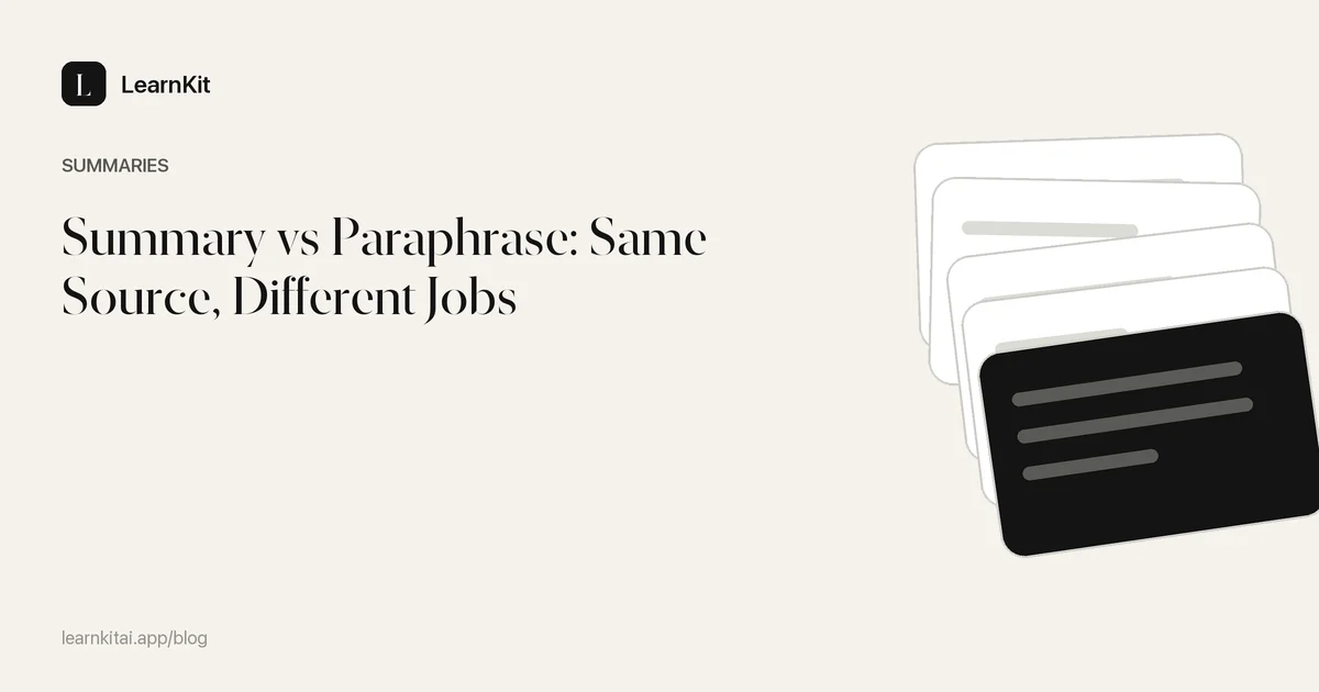 The title Summary vs Paraphrase: Same Source, Different Jobs over a calm monochrome pattern