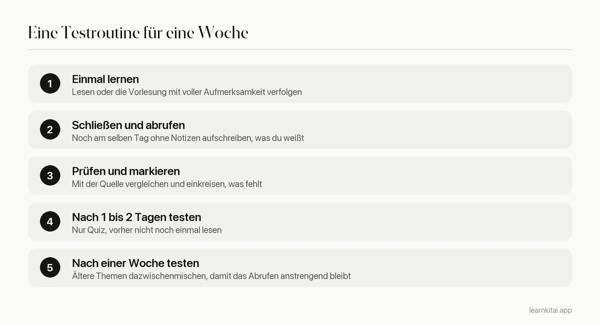 Fünfschrittige Routine: lernen, schließen und abrufen, prüfen, nach einem Tag und nach einer Woche erneut testen