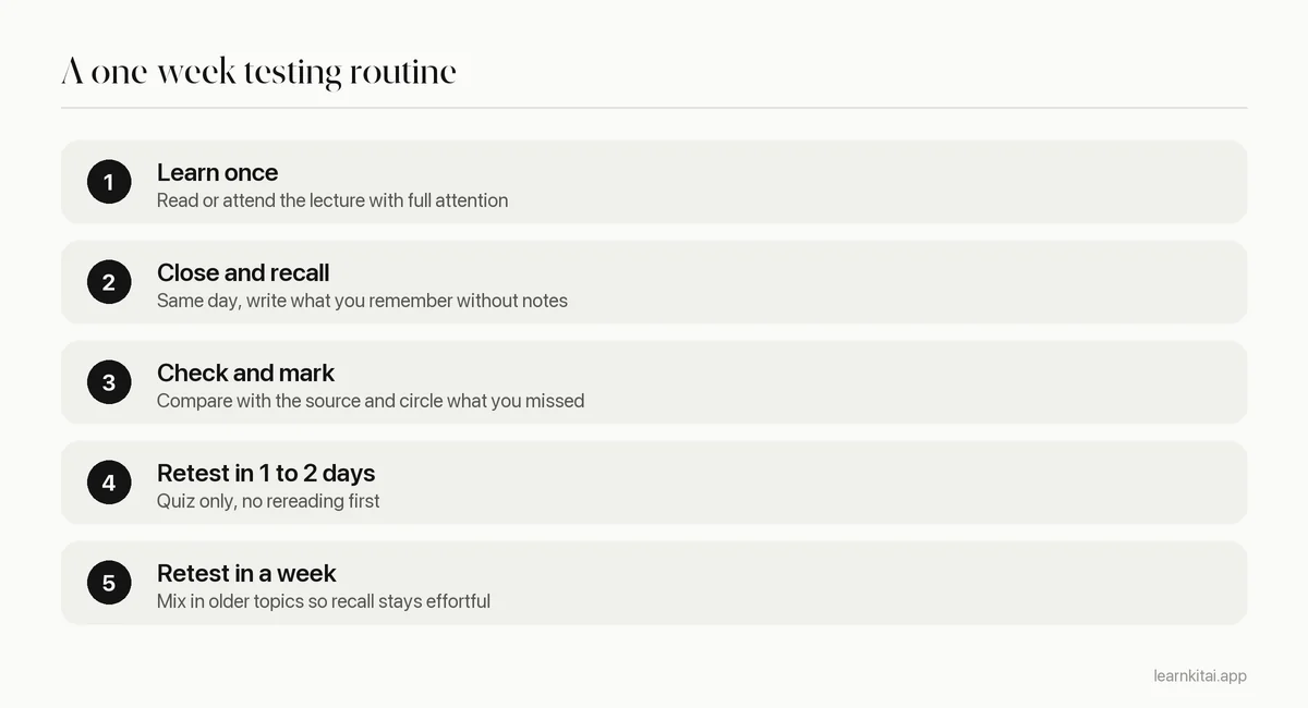 Five step routine: learn, close the book and recall, check, retest after a day, retest after a week
