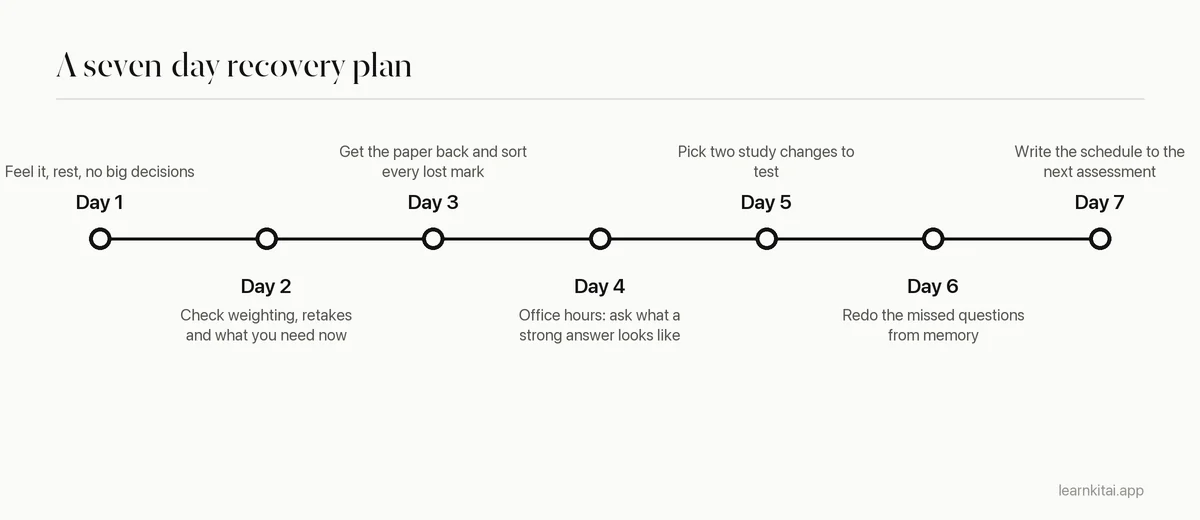 Seven-day timeline for recovering after failing an exam, from processing the result to a new study plan