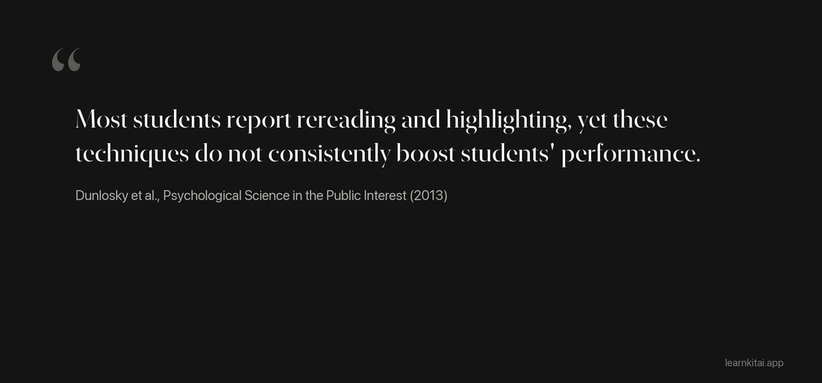 Quotation from the 2013 review of learning techniques about rereading and highlighting