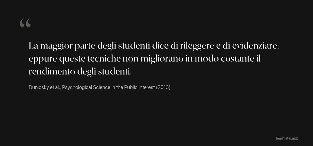 Citazione dalla revisione del 2013 sulle tecniche di apprendimento a proposito di rilettura ed evidenziazione