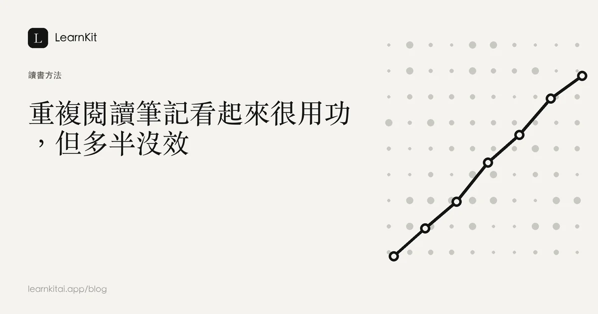 標題「重複閱讀筆記看起來很用功,但多半沒效」,背景為沉靜的單色圖紋